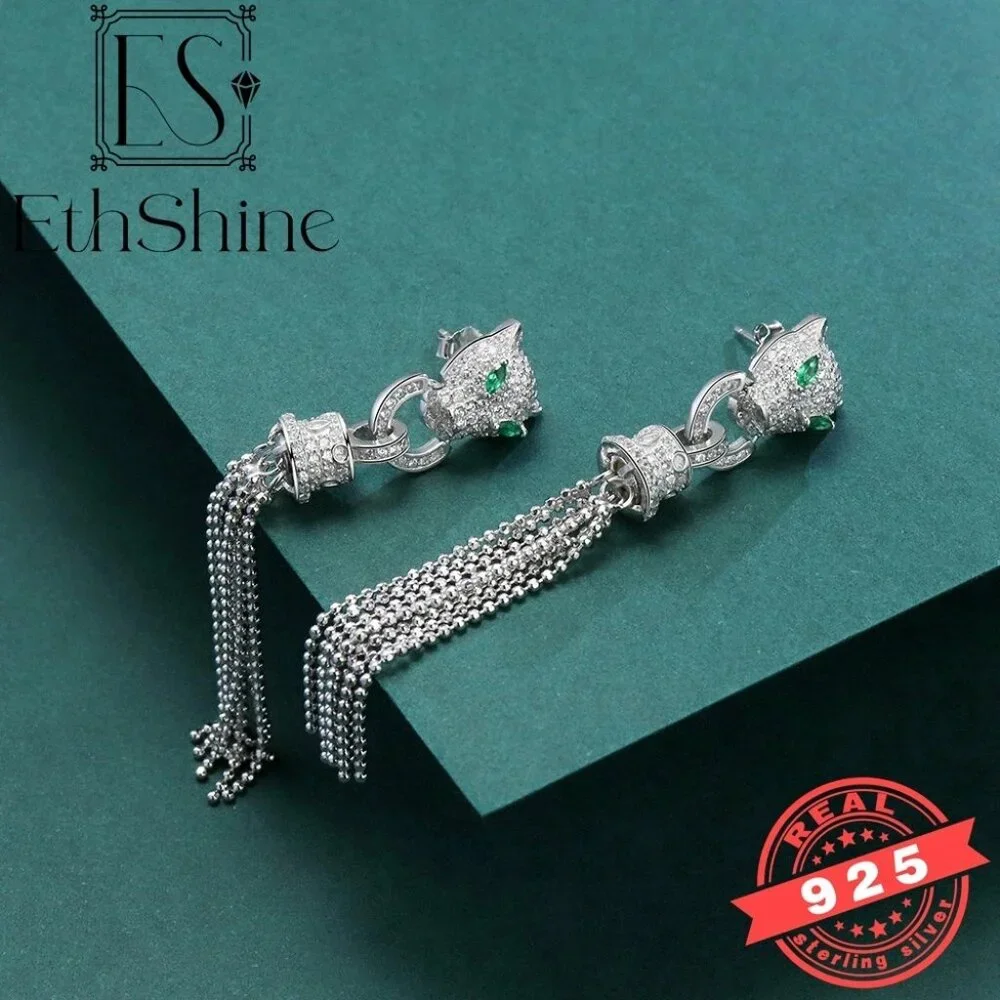 925 Sterling Silver Leopard with Green Eyes Tassel Earrings - Picture 2 of 3